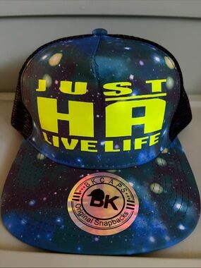 BK Caps Galaxy Print Trucker Hat in Blue with Yellow Logo